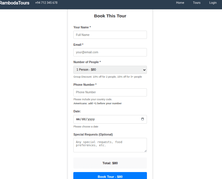 Tour booking screen